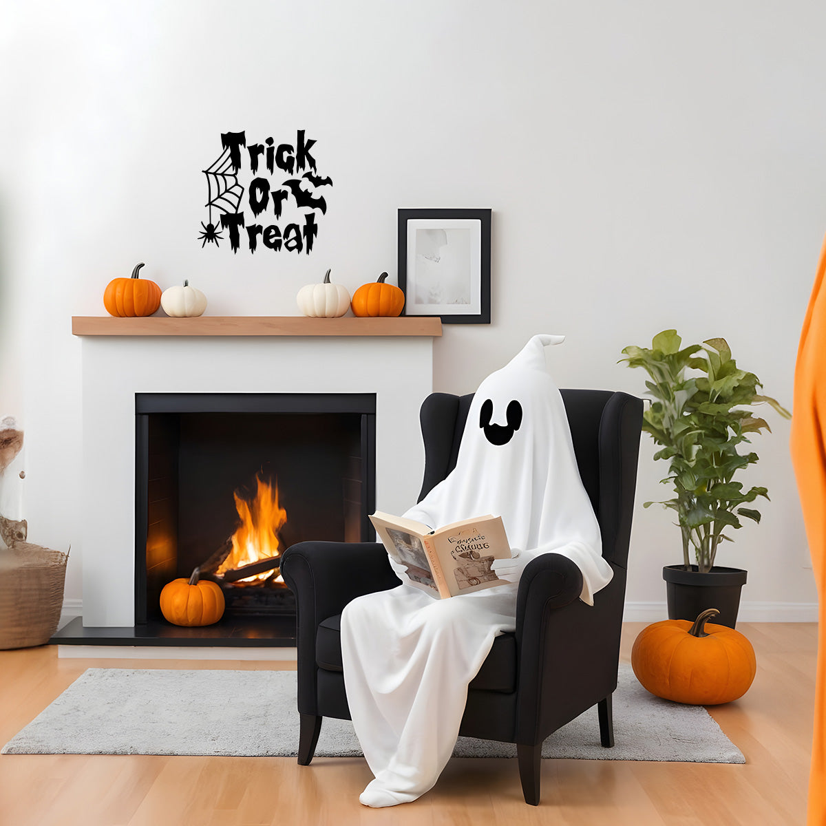 Vinyl Wall Decal - Trick or Treat Spider and Bats 16" x 17" - Halloween Decoration, Seasonal Decor - Teens, Adults, Indoor, Outdoor, Wall, Door, Window, Living Room, Office