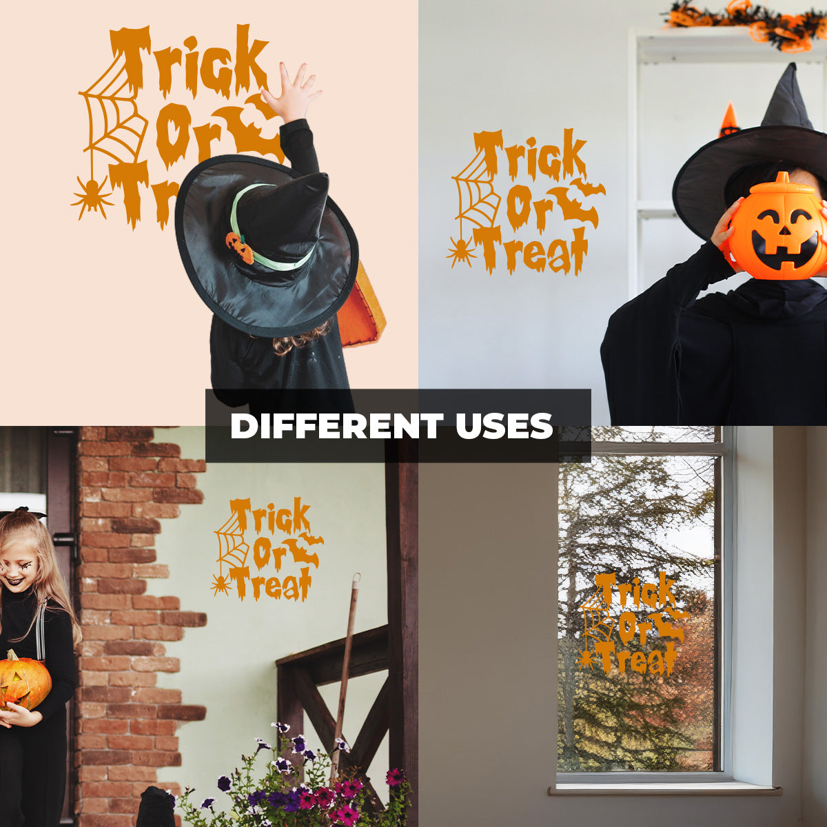 Vinyl Wall Decal - Trick or Treat Spider and Bats 16" x 17" - Halloween Decoration, Seasonal Decor - Teens, Adults, Indoor, Outdoor, Wall, Door, Window, Living Room, Office