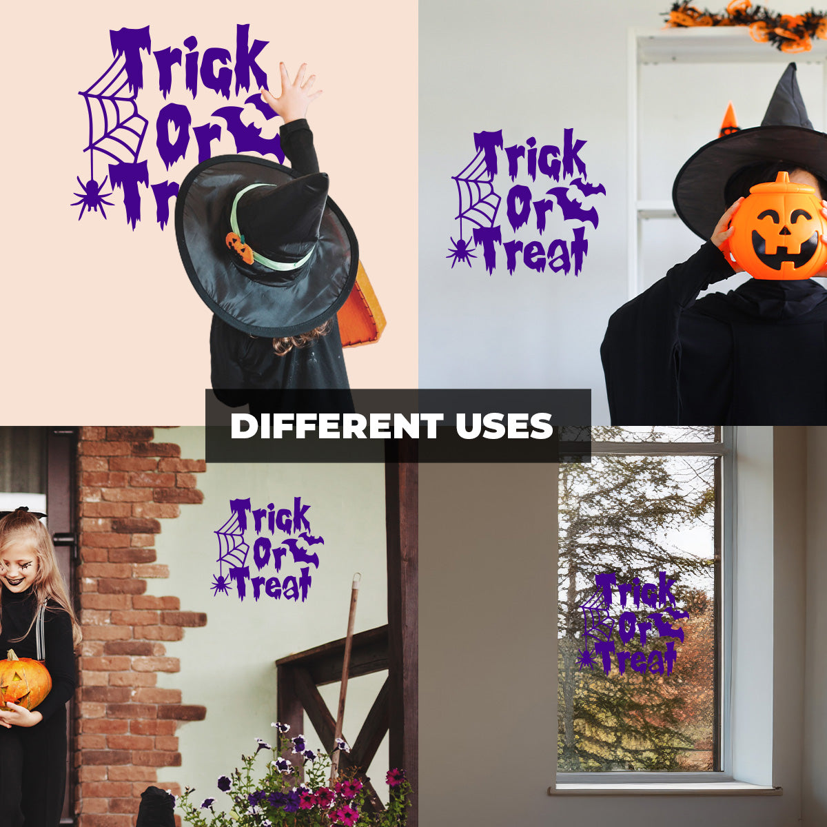 Vinyl Wall Decal - Trick or Treat Spider and Bats 16" x 17" - Halloween Decoration, Seasonal Decor - Teens, Adults, Indoor, Outdoor, Wall, Door, Window, Living Room, Office