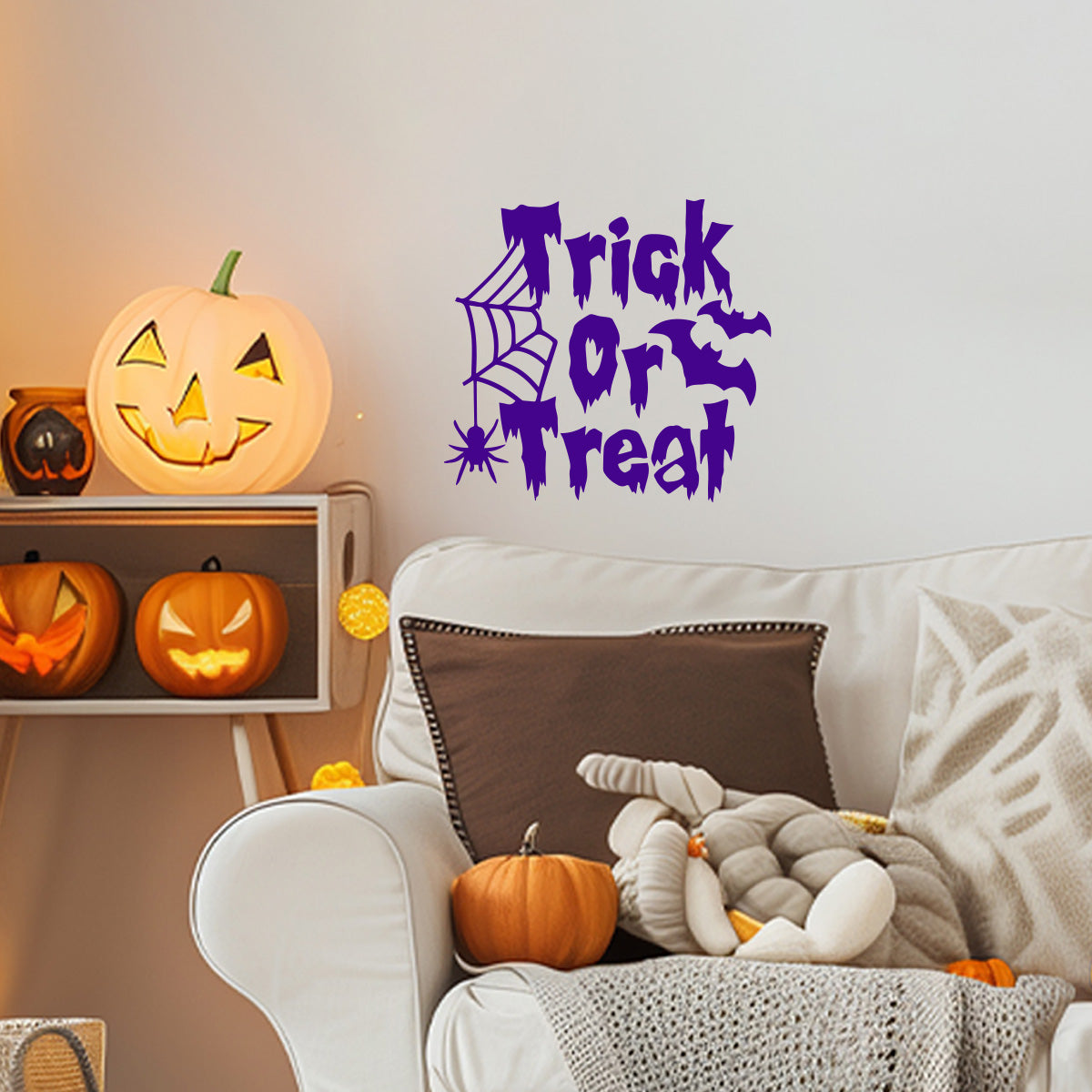 Vinyl Wall Decal - Trick or Treat Spider and Bats 16" x 17" - Halloween Decoration, Seasonal Decor - Teens, Adults, Indoor, Outdoor, Wall, Door, Window, Living Room, Office