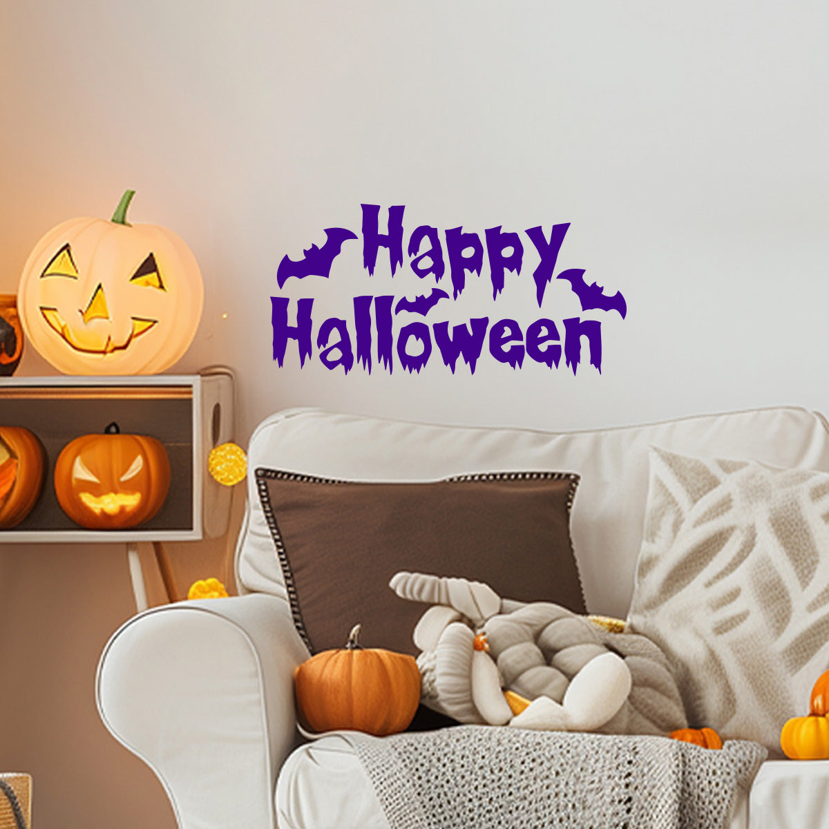 Vinyl Wall Decal - Happy Halloween Bats 16" x 32" - Halloween Decoration, Seasonal Decor - Teens, Adults, Indoor, Outdoor, Wall, Door, Window, Living Room, Office