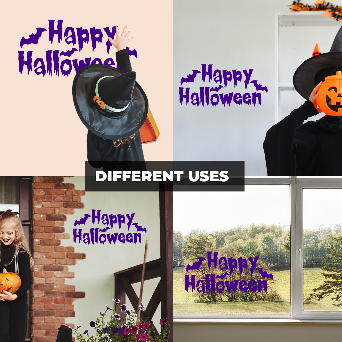 Vinyl Wall Decal - Happy Halloween Bats 16" x 32" - Halloween Decoration, Seasonal Decor - Teens, Adults, Indoor, Outdoor, Wall, Door, Window, Living Room, Office