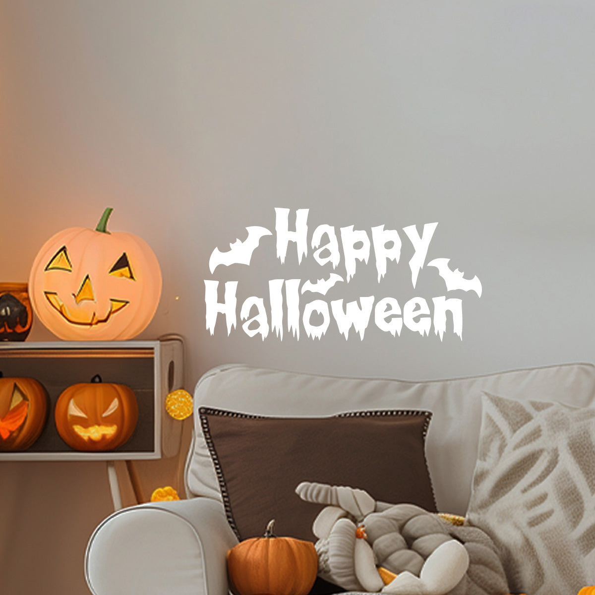 Vinyl Wall Decal - Happy Halloween Bats 16" x 32" - Halloween Decoration, Seasonal Decor - Teens, Adults, Indoor, Outdoor, Wall, Door, Window, Living Room, Office