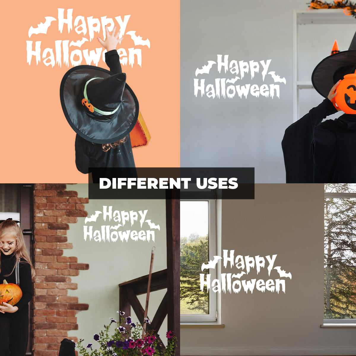 Vinyl Wall Decal - Happy Halloween Bats 16" x 32" - Halloween Decoration, Seasonal Decor - Teens, Adults, Indoor, Outdoor, Wall, Door, Window, Living Room, Office