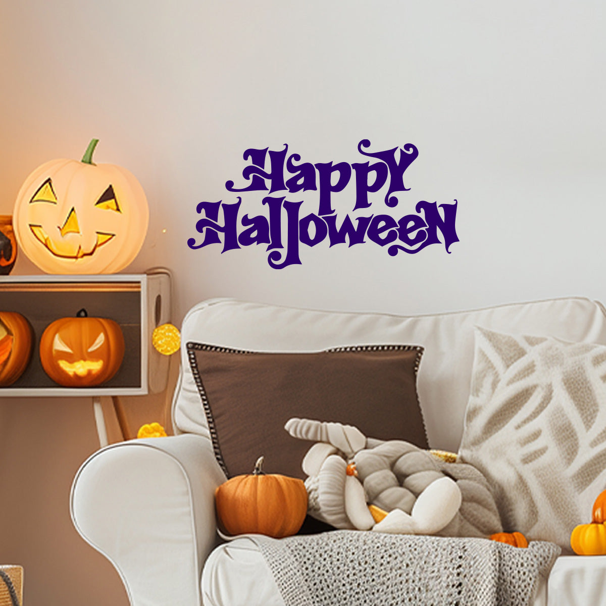 Vinyl Wall Decal - Happy Halloween Calligraphy 16" x 33" - Halloween Decoration, Seasonal Decor - Teens, Adults, Indoor, Outdoor, Wall, Door, Window, Living Room, Office