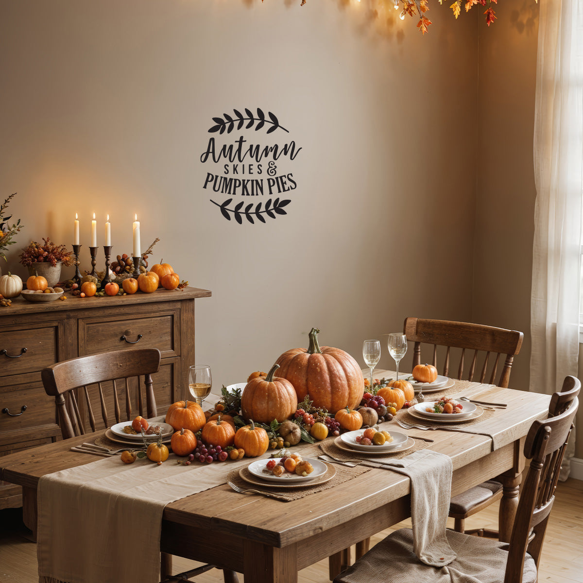 Vinyl Wall Art Decal - Autumn Skies and Pumpkin Pies - 22'' x 19'' Festive Thanksgiving Vinyl Wall Art Decal Sticker Design for Dining Room Office Classroom