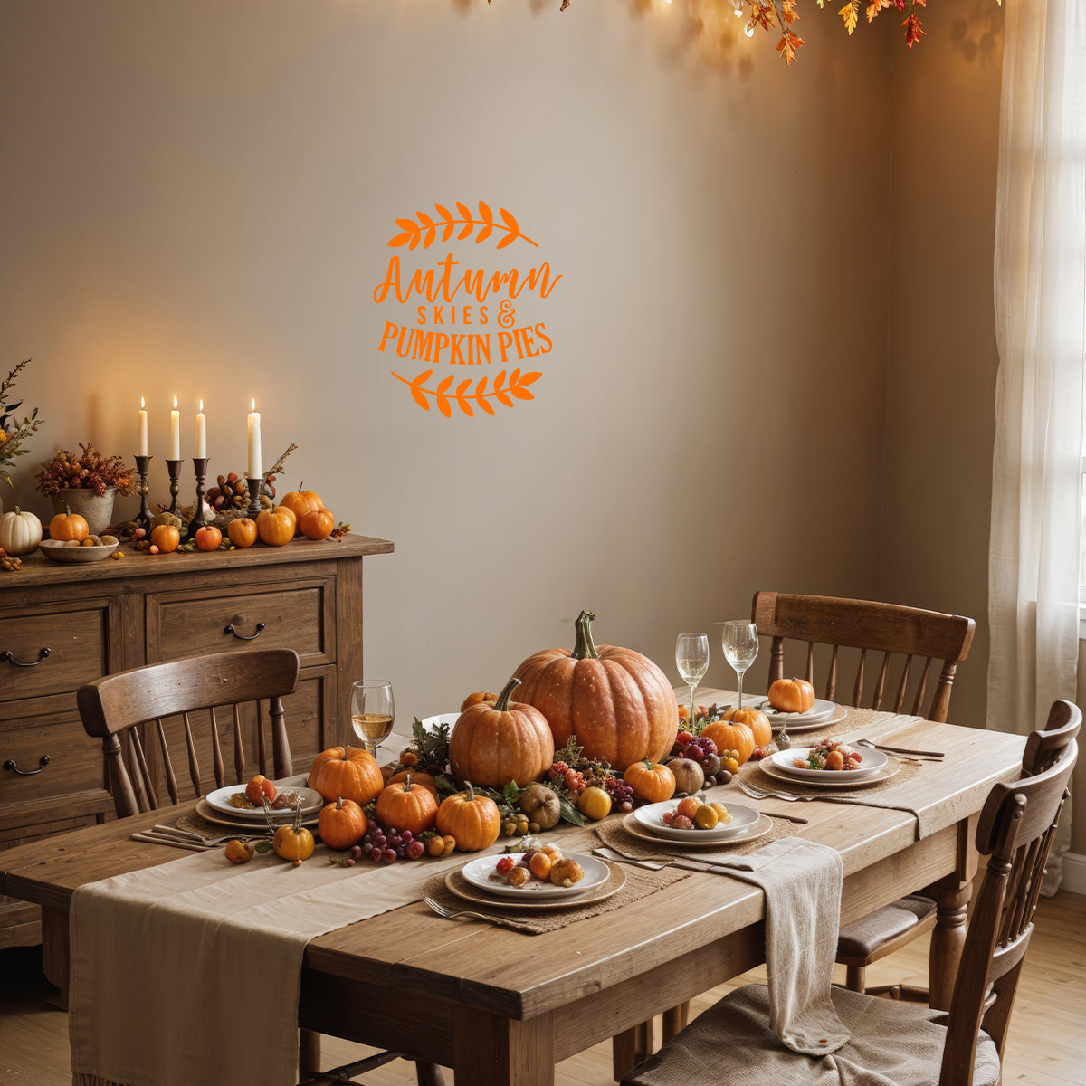 Vinyl Wall Art Decal - Autumn Skies and Pumpkin Pies - 22'' x 19'' Festive Thanksgiving Vinyl Wall Art Decal Sticker Design for Dining Room Office Classroom