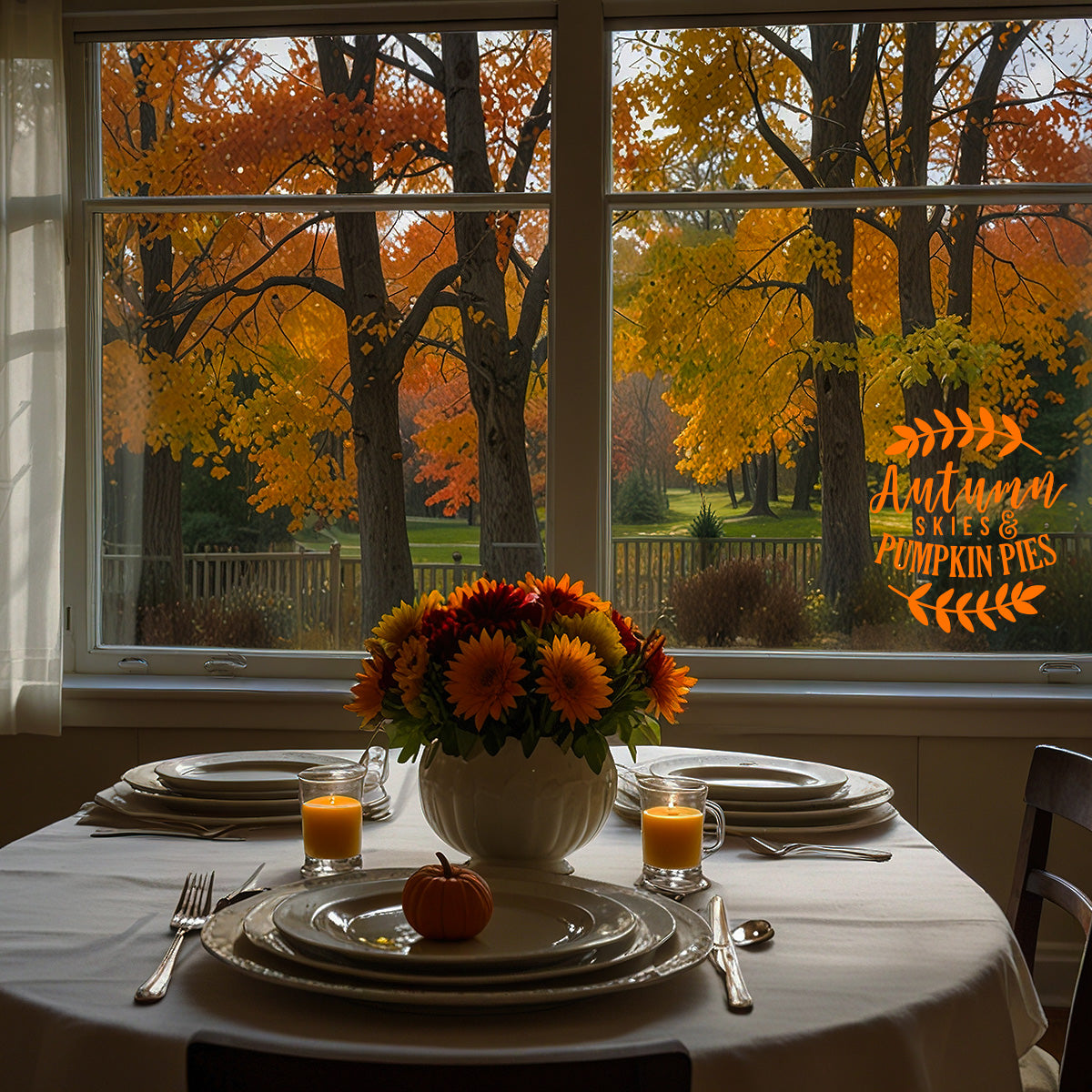 Vinyl Wall Art Decal - Autumn Skies and Pumpkin Pies - 22'' x 19'' Festive Thanksgiving Vinyl Wall Art Decal Sticker Design for Dining Room Office Classroom