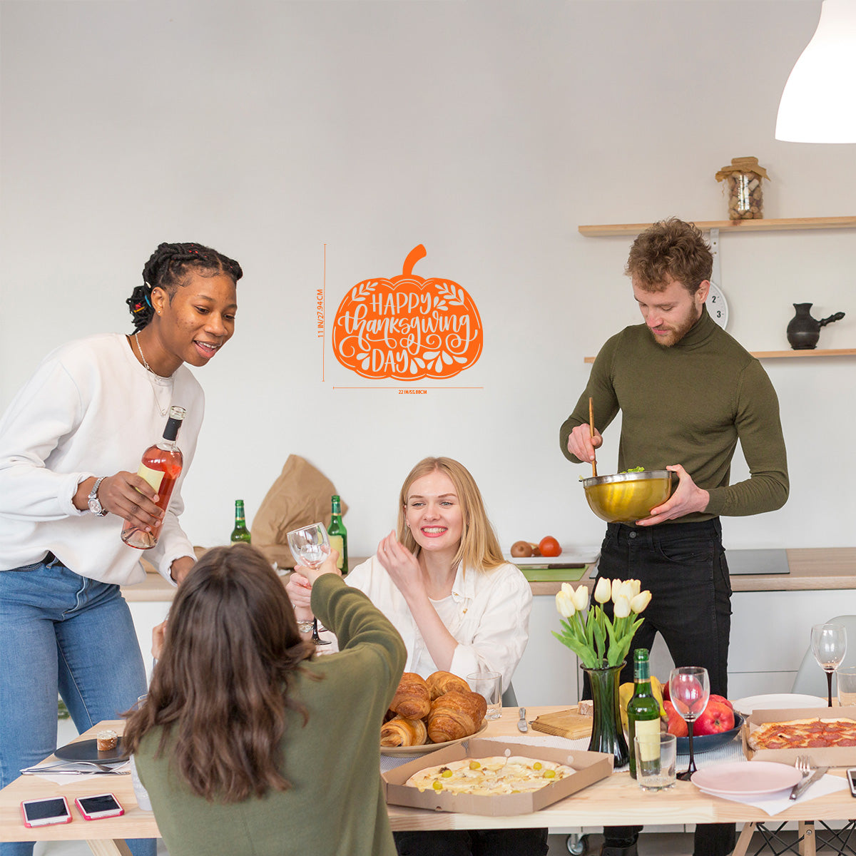 Vinyl Wall Art Decal - ''Happy Thanksgiving Pumpkin'' - 22'' x 11'' Festive Thanksgiving Vinyl Wall Art Decal Sticker Design for Dining Room Office Classroom