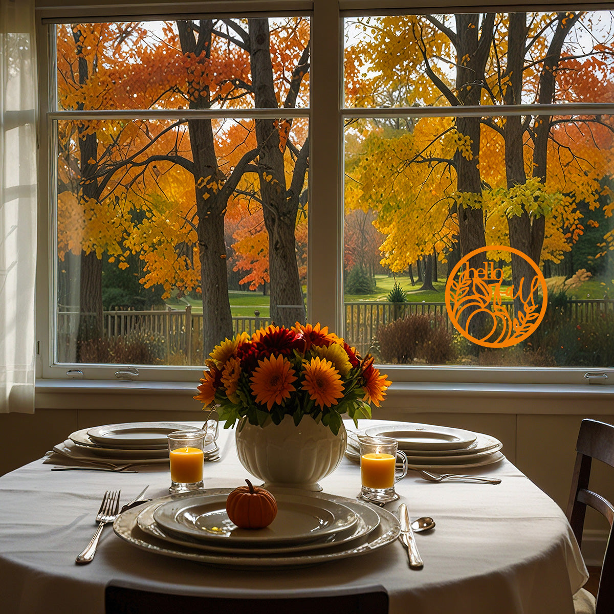 Vinyl Wall Art Decal - ''Hello Fall'' - 16'' x 16'' Festive Thanksgiving Vinyl Wall Art Decal Sticker Design for Dining Room Office Classroom