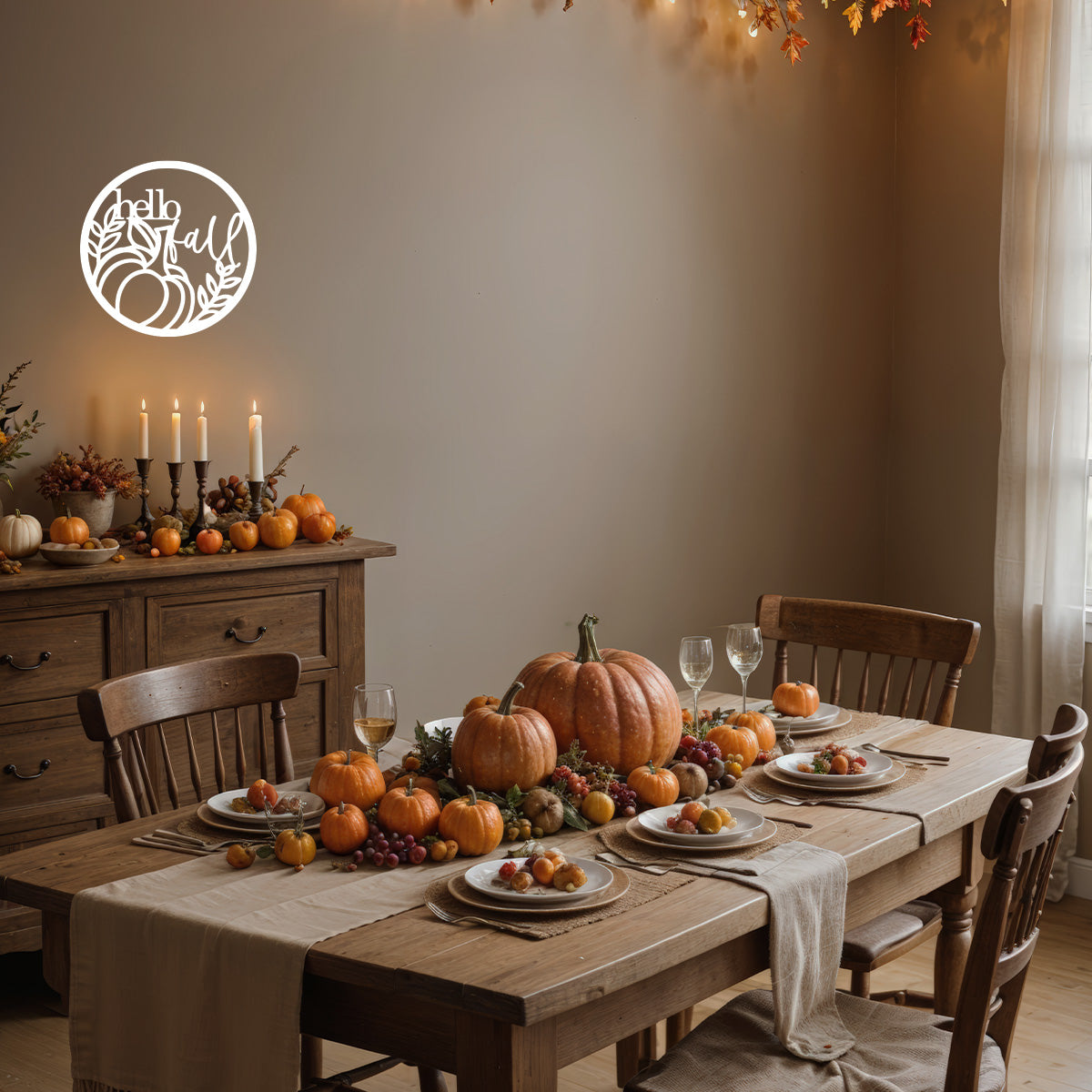 Vinyl Wall Art Decal - ''Hello Fall'' - 16'' x 16'' Festive Thanksgiving Vinyl Wall Art Decal Sticker Design for Dining Room Office Classroom