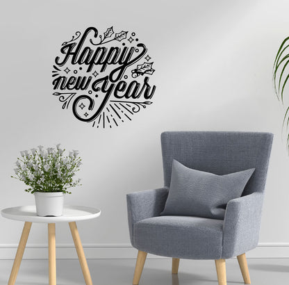 Vinyl Wall Art Decal - Happy New Year - 21.6" x 22" - Christmas Holiday Seasonal Sticker - Home Apartment Wall Door Window Work Decor Decals