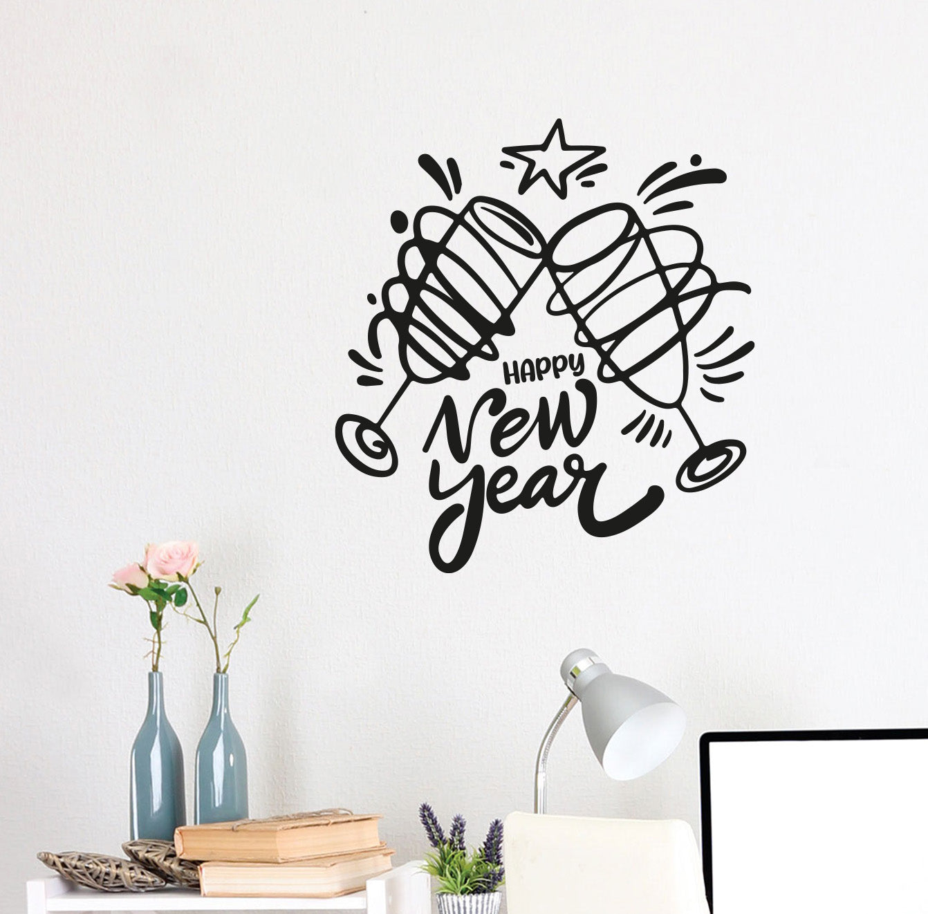 Vinyl Wall Art Decal - Happy New Year - 23.83" x 22" - Christmas Holiday Seasonal Sticker - Home Apartment Wall Door Window Work Decor Decals