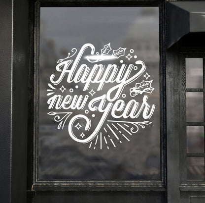 Vinyl Wall Art Decal - Happy New Year - 21.6" x 22" - Christmas Holiday Seasonal Sticker - Home Apartment Wall Door Window Work Decor Decals