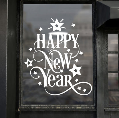 Vinyl Wall Art Decal - Happy New Year - 24.8" x 22" - Christmas Holiday Seasonal Sticker - Home Apartment Wall Door Window Work Decor Decals