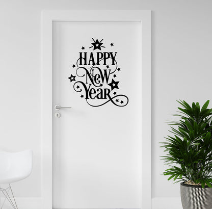 Vinyl Wall Art Decal - Happy New Year - 24.8" x 22" - Christmas Holiday Seasonal Sticker - Home Apartment Wall Door Window Work Decor Decals